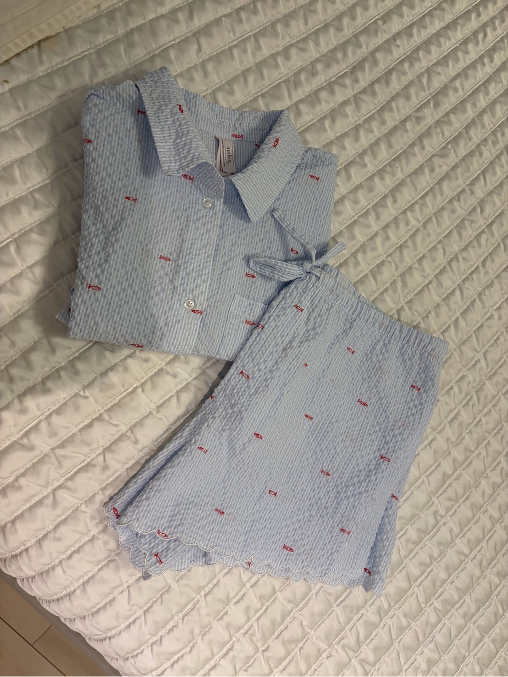 Auden Sleepwear - Light Blue Seersucker Pajama Set w Red Fish Embroidery - Women